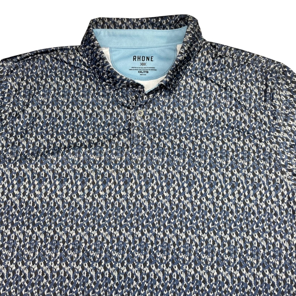 Rhone Delta Pique Polo Shirt Mens XXL Blue‎ Grey Geometric Golf Performance Logo